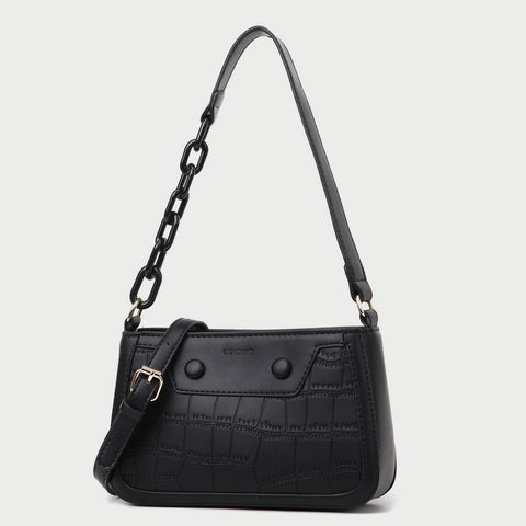 Croc-effect panel chained handle PU leather shoulder bag
