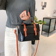 Retro contrast strapped flapover style unisex marble-effect PU leather bag