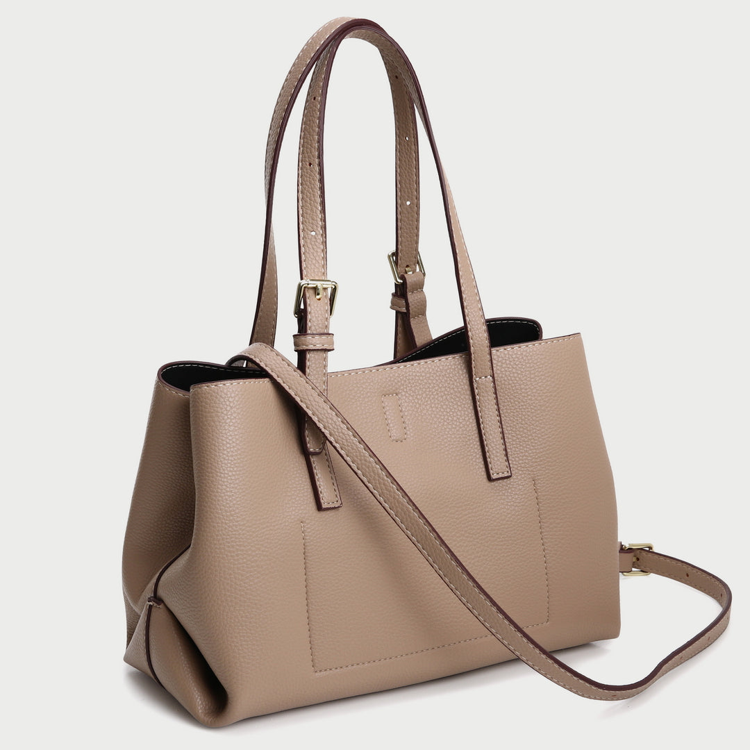 Minimal buckled handle dual compartment grained PU leather tote