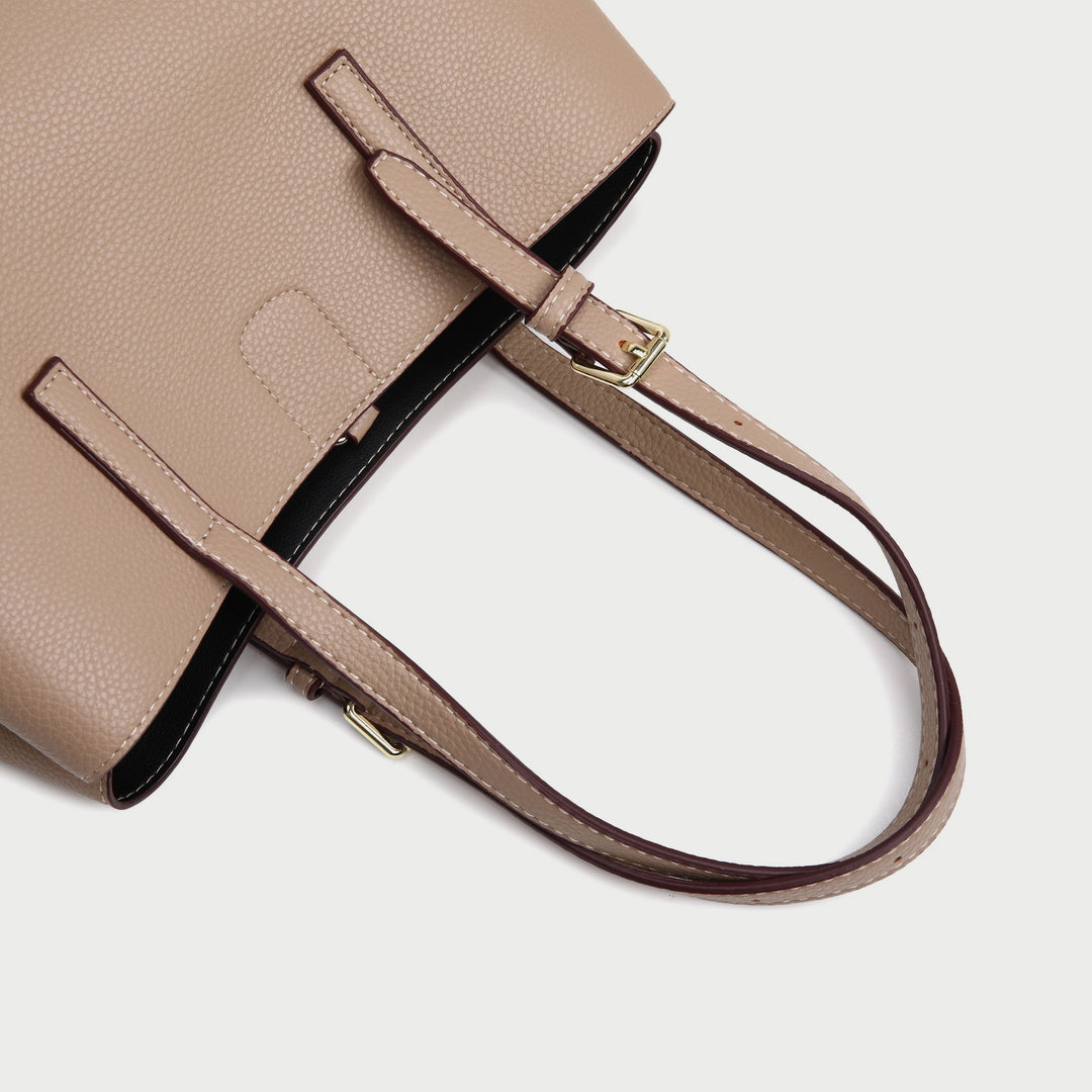 Minimal buckled handle dual compartment grained PU leather tote