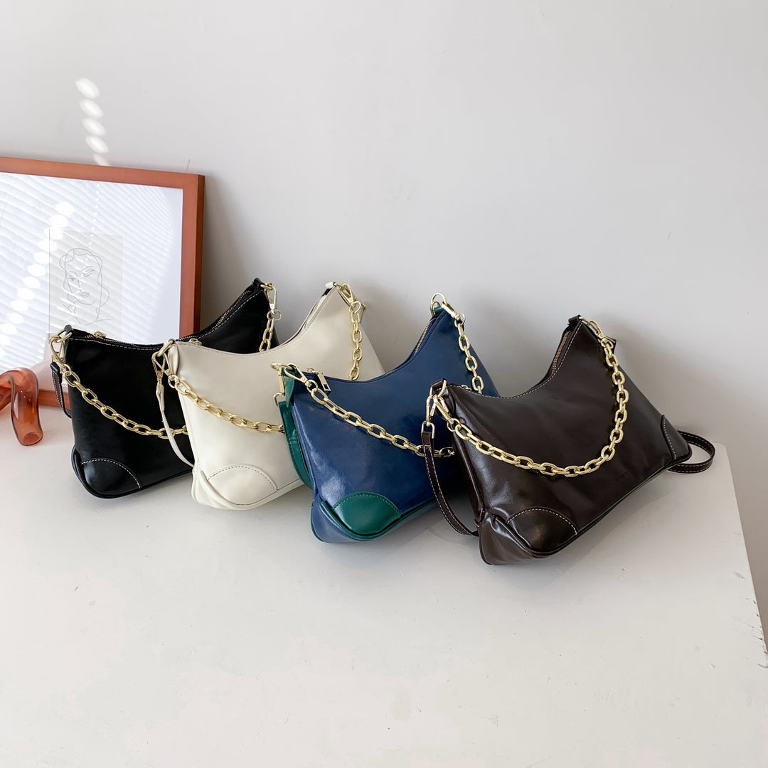 Metal chain handle detail crease-effect PU leather crossbody bag