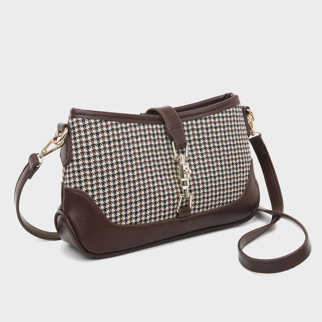 Strapped houndstooth canvas PU leather baguette bag