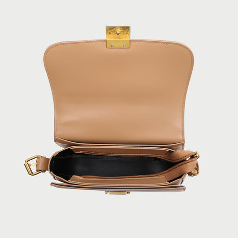 Metal square press lock minimalist saddle style PU leather shoulder bag
