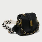 Chain handle patterned strap two-compartment PU leather crossbody bag