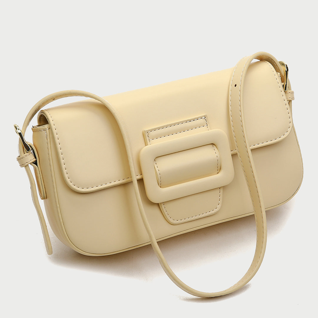 Classic buckle-strap flapover smooth PU leather shoulder bag
