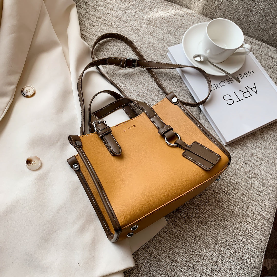 Colourblock handle studded 2-in-1 style PU leather tote bag