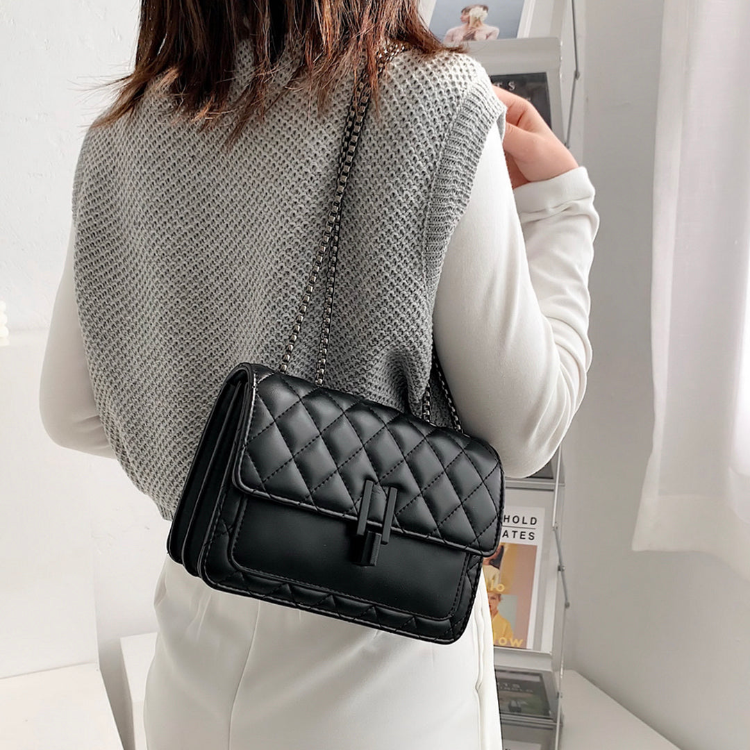 Chain strap flapover style quilted PU leather crossbody bag