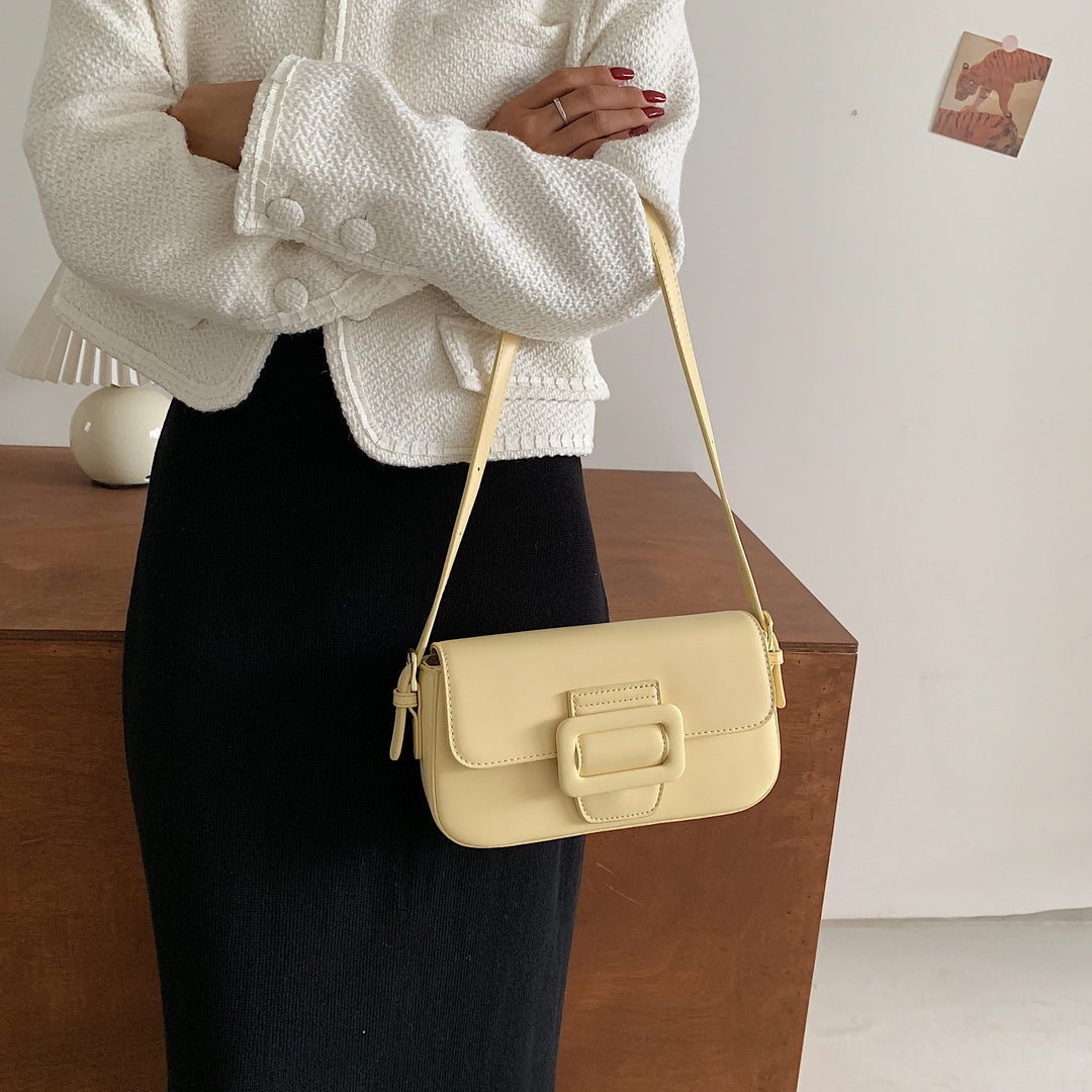 Classic buckle-strap flapover smooth PU leather shoulder bag
