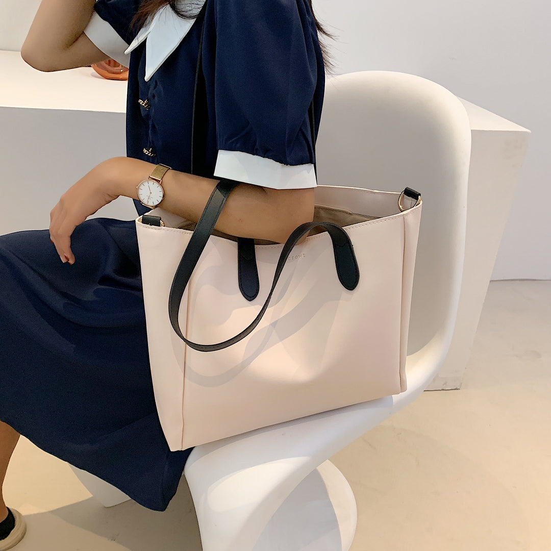 Contrast strap roomy PU leather tote bag
