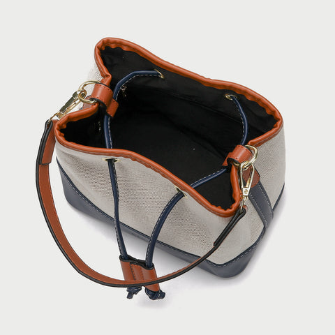 Modern drawstring detail colourblock PU leather canvas bucket bag