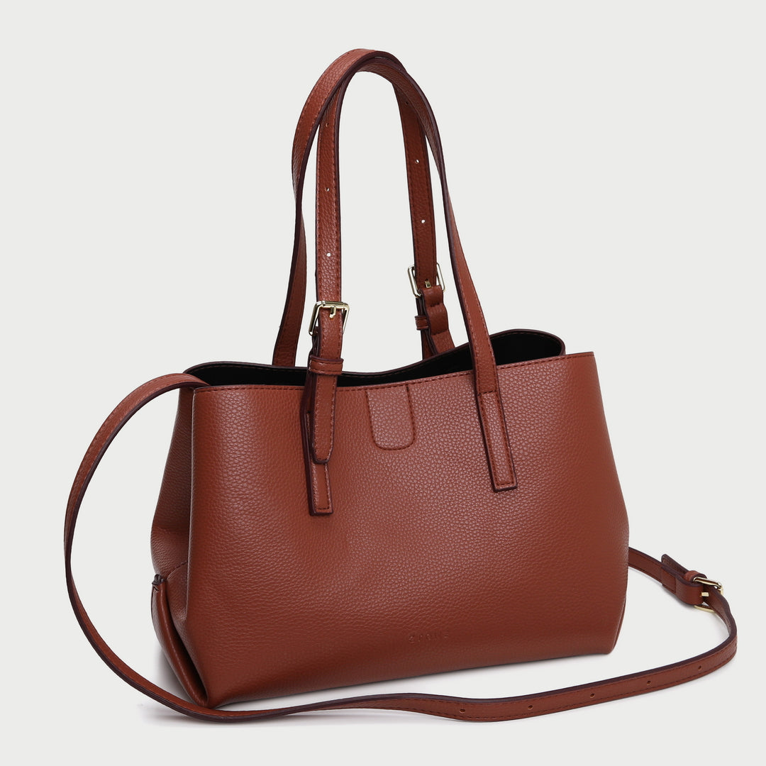Minimal buckled handle dual compartment grained PU leather tote
