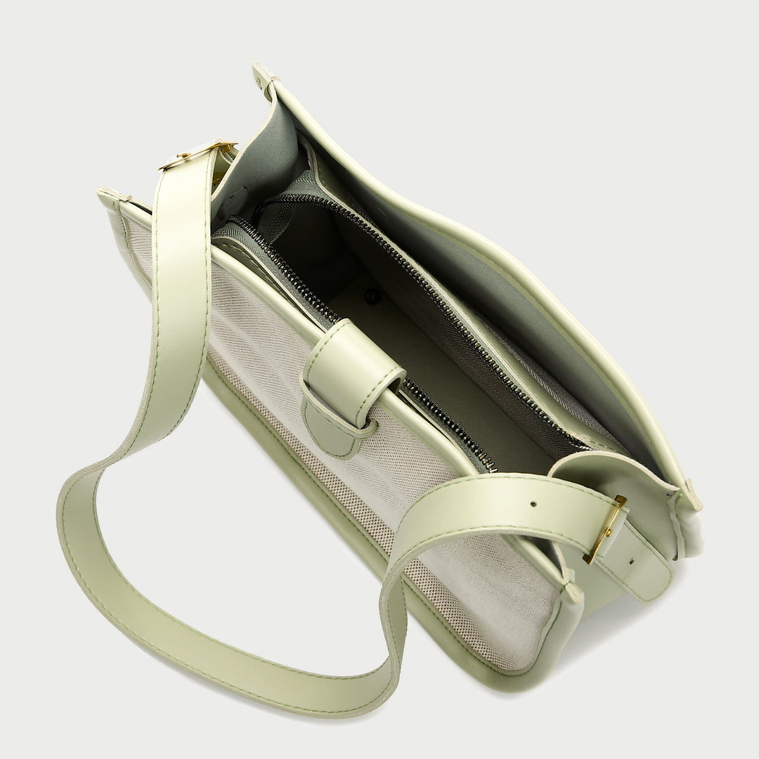Contrast PU leather gusset strap detail canvas crossbody bag