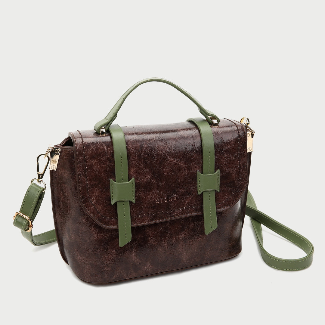 Retro contrast strapped flapover style unisex marble-effect PU leather bag