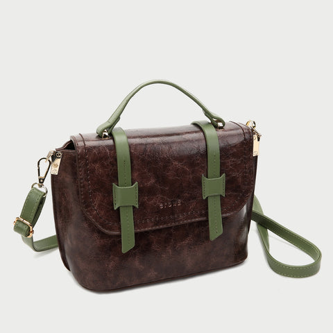 Retro contrast strapped flapover style unisex marble-effect PU leather bag