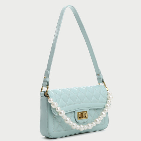 Faux pearl handle turn-lock quilted PU leather shoulder bag