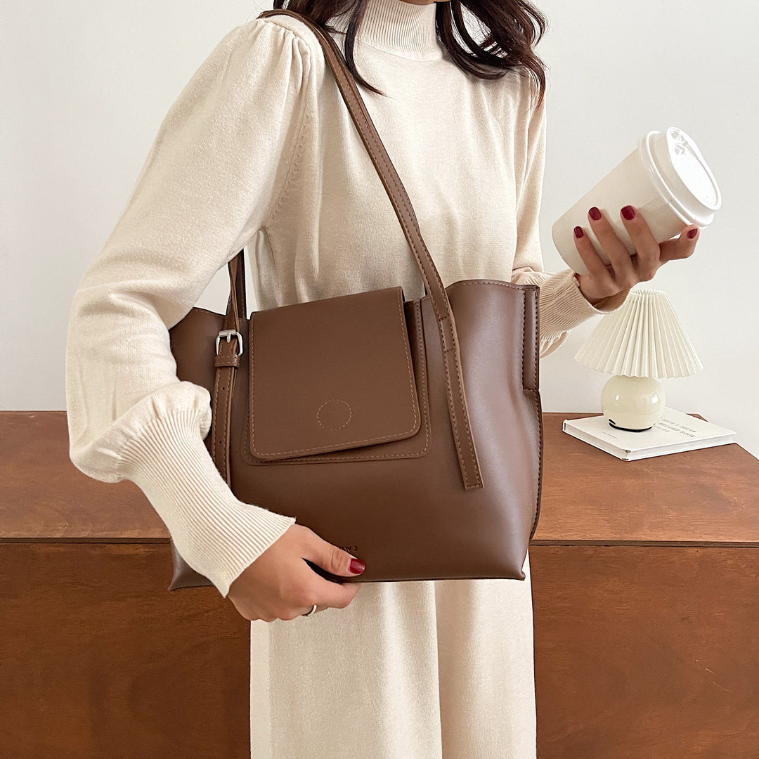 Modern flap front design dual-compartment PU leather tote bag