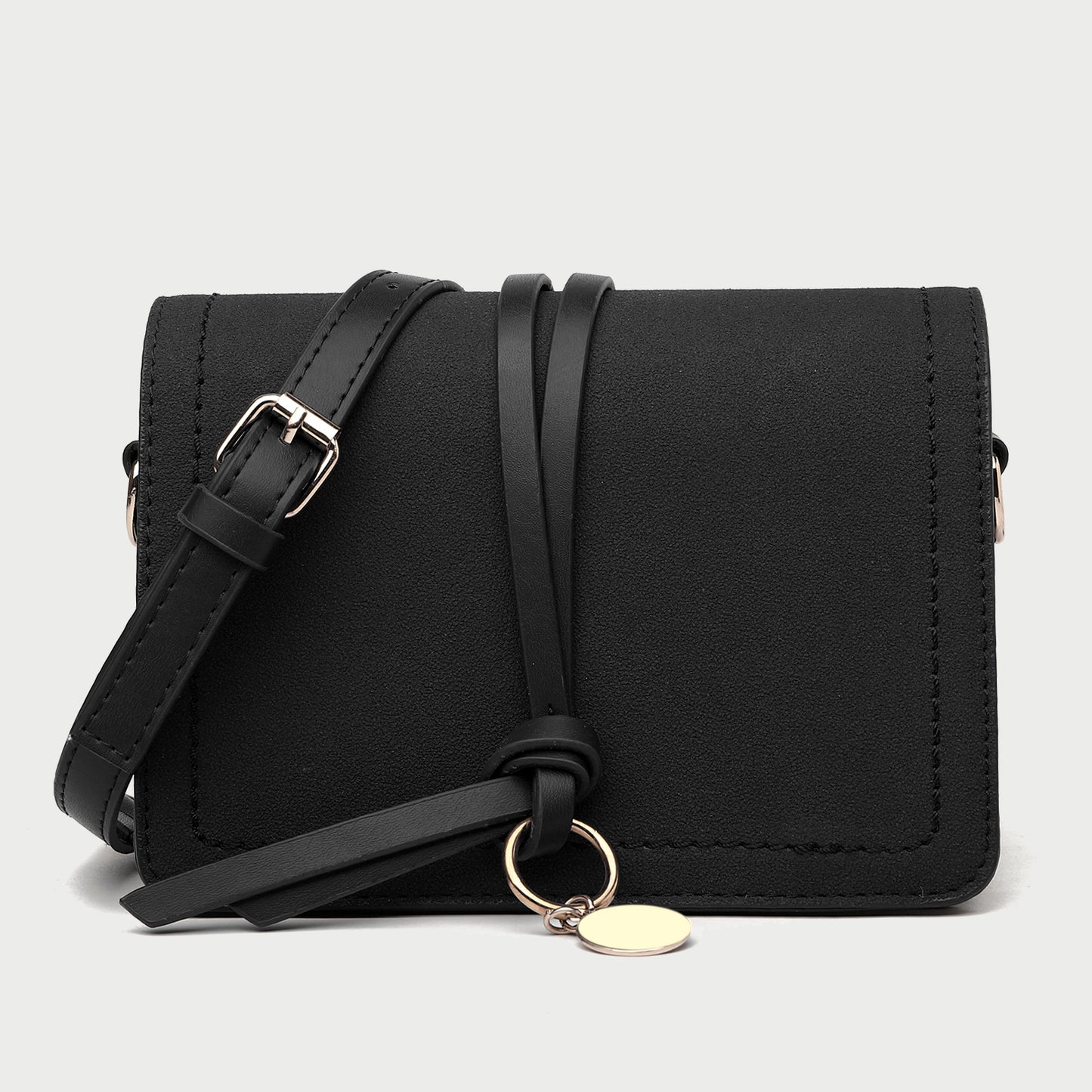 Knotted strap metal disc embellished PU leather crossbody bag