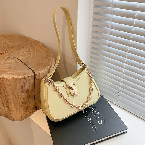 Metal chain strap PU leather baguette bag