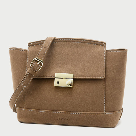 Modern metal-closure flap sculptural faux suede crossbody bag