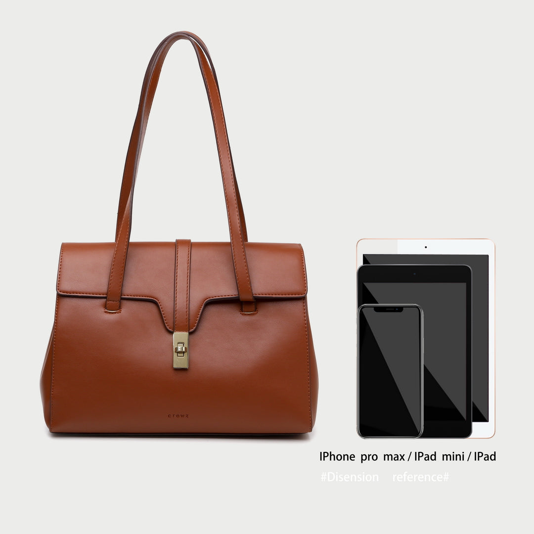Strapped turn-lock flap two-compartment PU leather tote bag