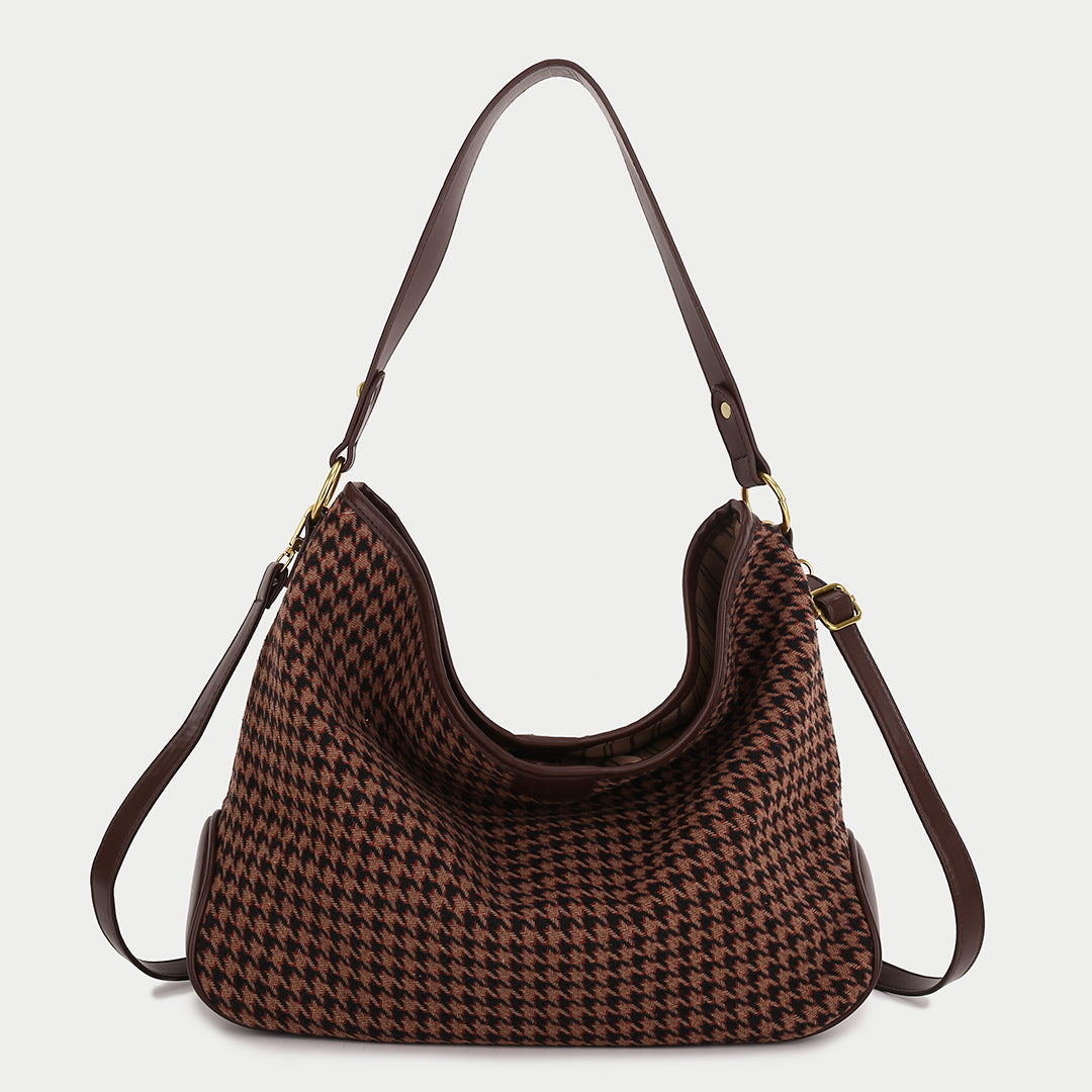 Houndstooth print PU leather trim shoulder bag (with an extra strap)