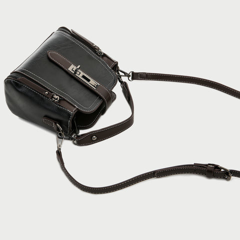 Metal turn-lock strap zip side PU leather crossbody bag