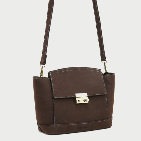 Modern metal-closure flap sculptural faux suede crossbody bag