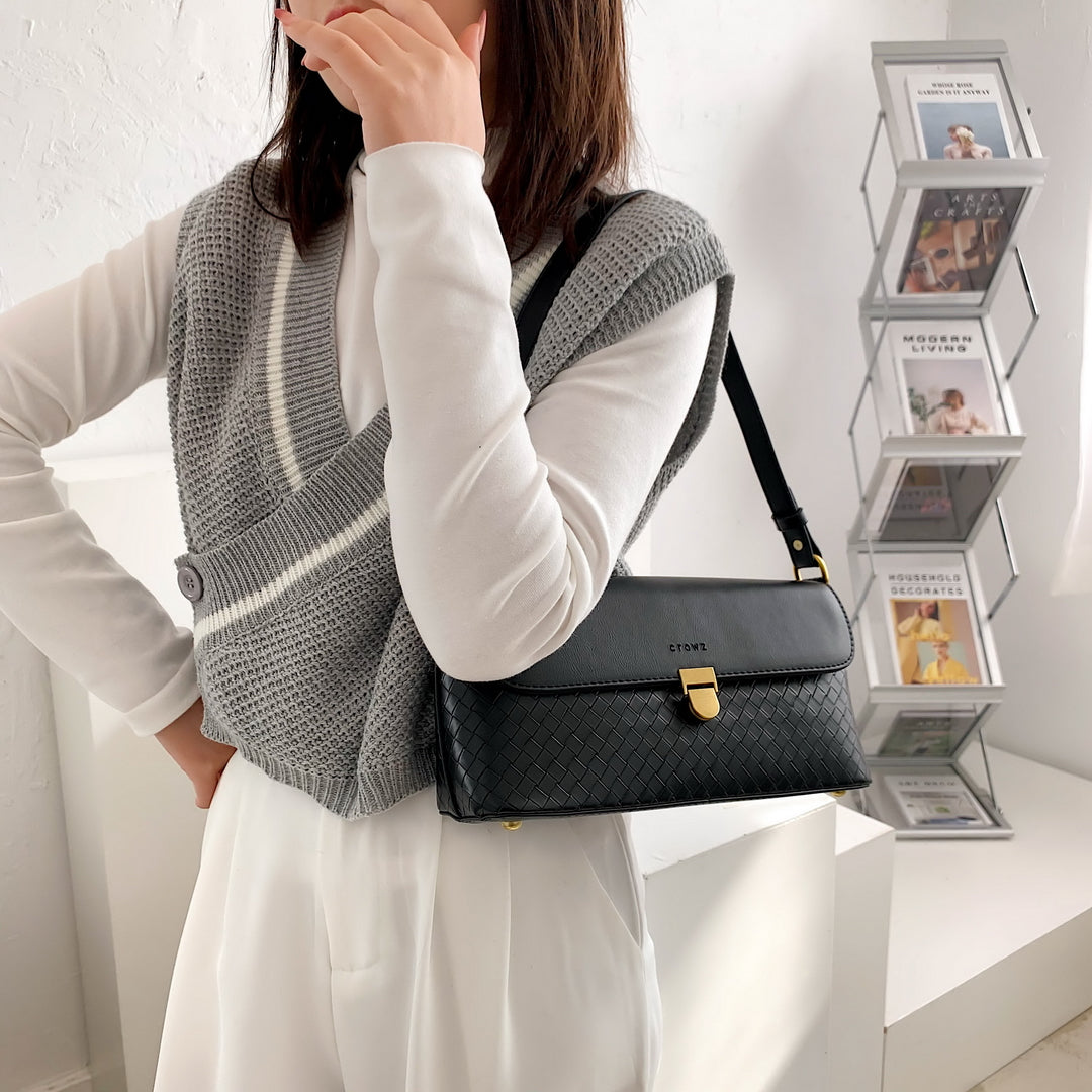 Elegant minimalistic flap style woven PU leather crossbody bag