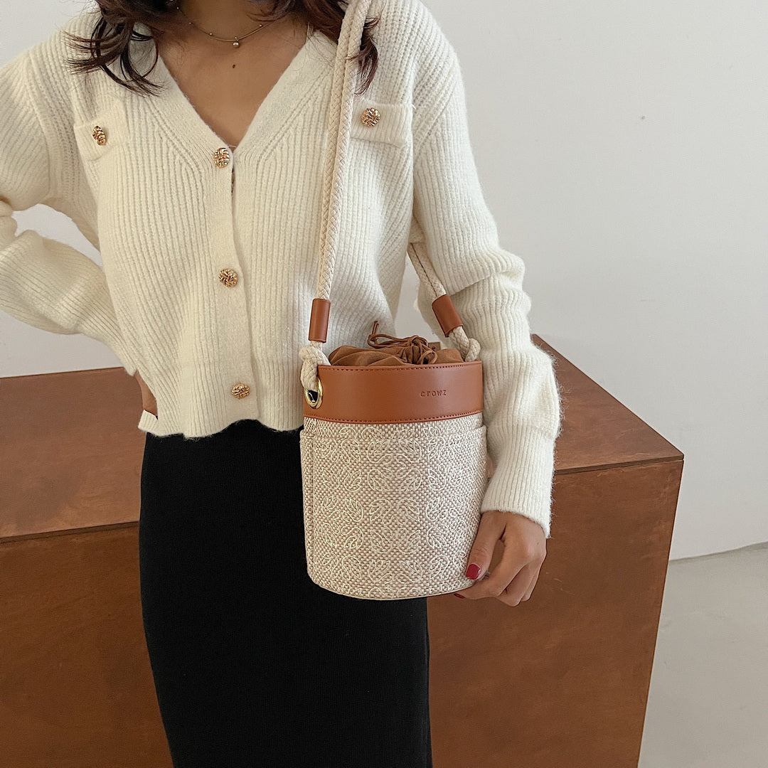 Contrast PU leather trim jacquard detail woven cylinder bucket bag