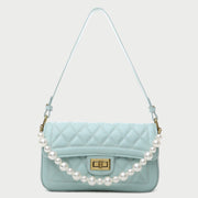 Faux pearl handle turn-lock quilted PU leather shoulder bag