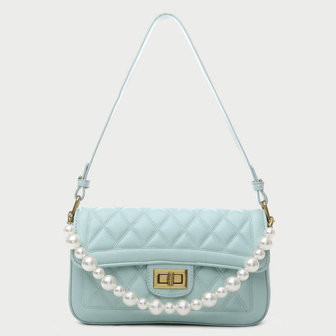 Faux pearl handle turn-lock quilted PU leather shoulder bag