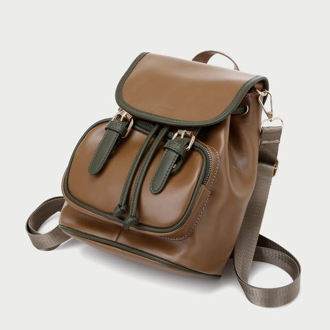 Retro buckle strap flap contrast piping PU leather backpack
