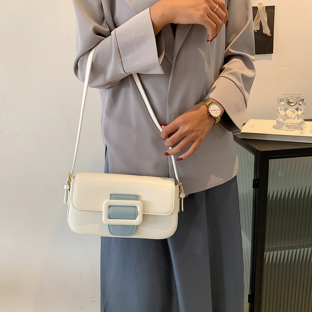Classic buckle-strap flapover smooth PU leather shoulder bag