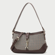 Strapped houndstooth canvas PU leather baguette bag
