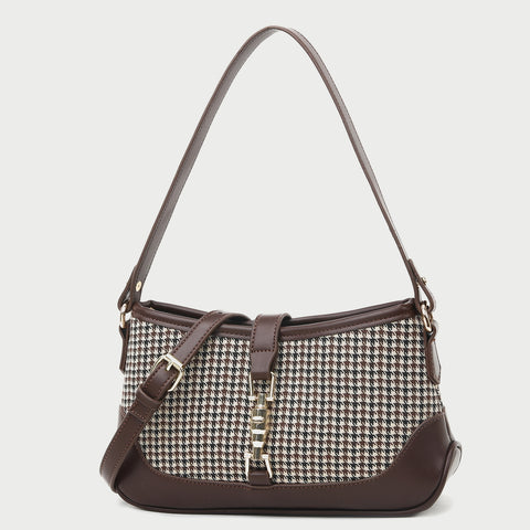 Strapped houndstooth canvas PU leather baguette bag