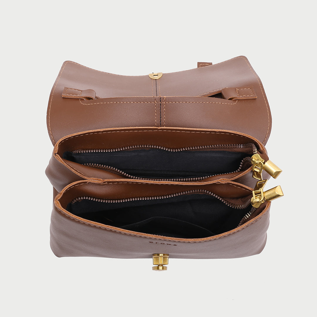 Oval metal clasp open-top flap PU leather crossbody bag