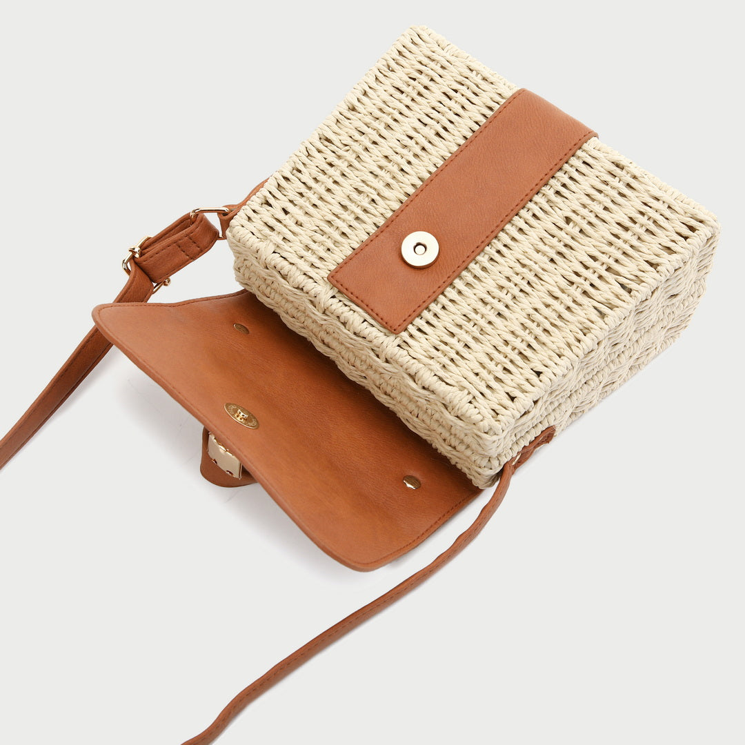 Metal padlock flapover PU leather rattan bag