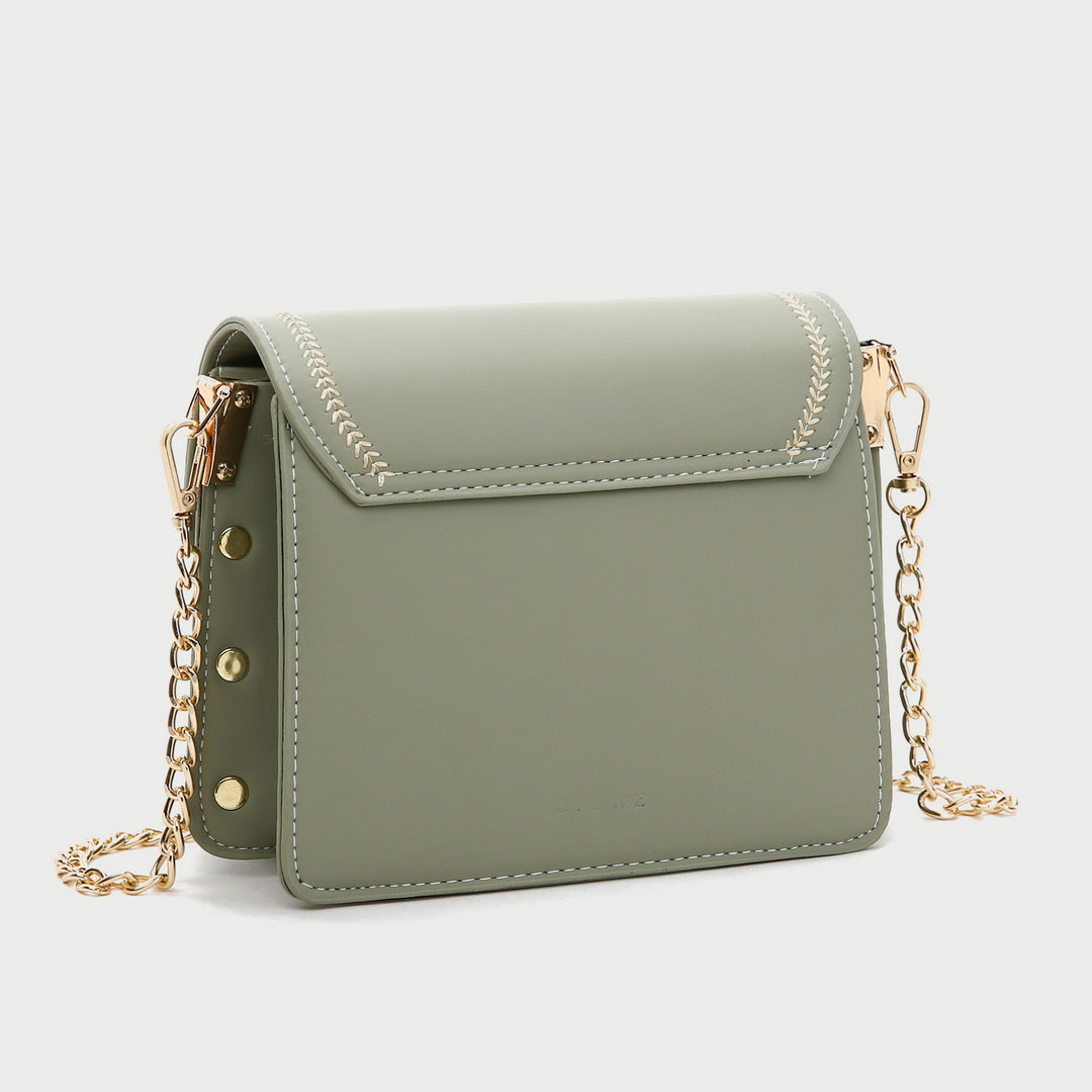 Layered contrast frame detail studded topstitch PU leather crossbody bag