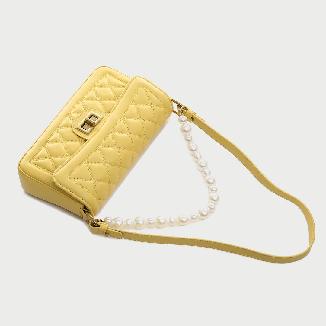 Faux pearl handle turn-lock quilted PU leather shoulder bag