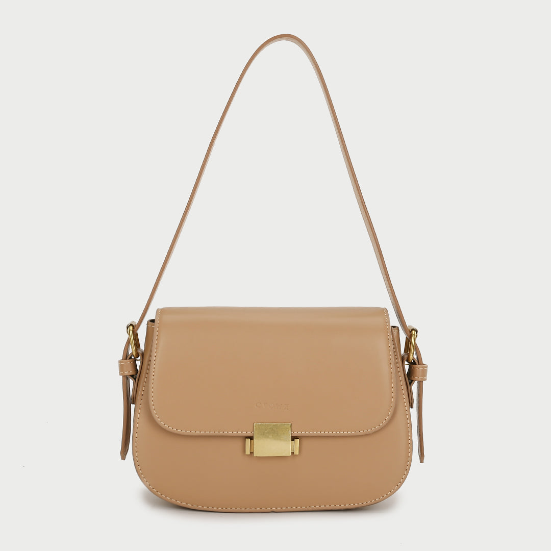 Metal square press lock minimalist saddle style PU leather shoulder bag