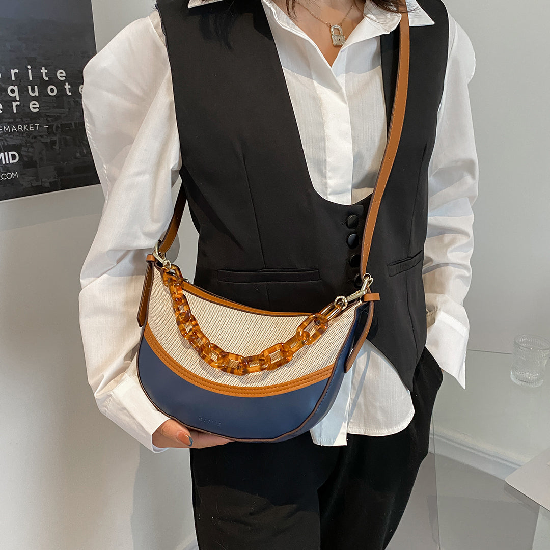 Agate-effect chain handle colourblock canvas PU leather crossbody bag