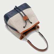 Modern drawstring detail colourblock PU leather canvas bucket bag
