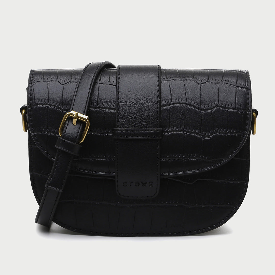 Strap flap croc-embossed PU leather saddle bag