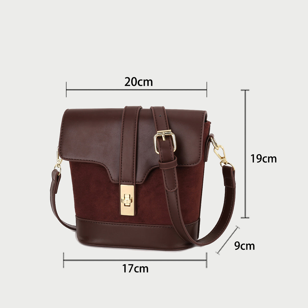 Metal turn-lock strap saddle flap PU leather bucket crossbody bag
