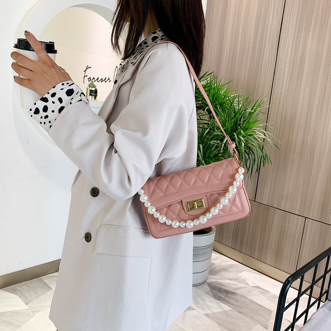 Faux pearl handle turn-lock quilted PU leather shoulder bag