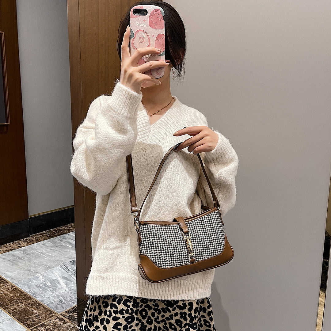 Strapped houndstooth canvas PU leather baguette bag