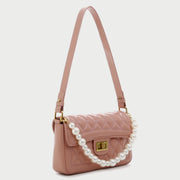 Faux pearl handle turn-lock quilted PU leather shoulder bag