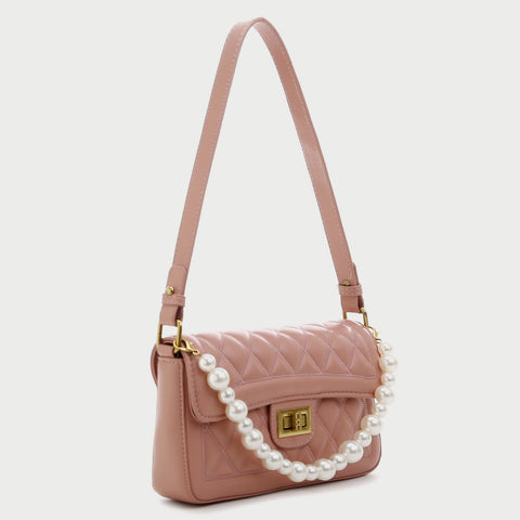 Faux pearl handle turn-lock quilted PU leather shoulder bag