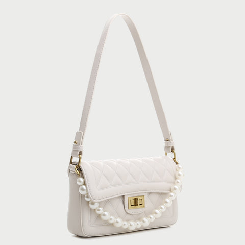Faux pearl handle turn-lock quilted PU leather shoulder bag