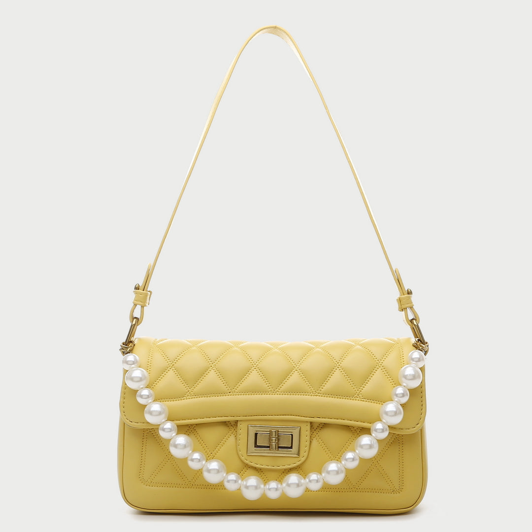 Faux pearl handle turn-lock quilted PU leather shoulder bag